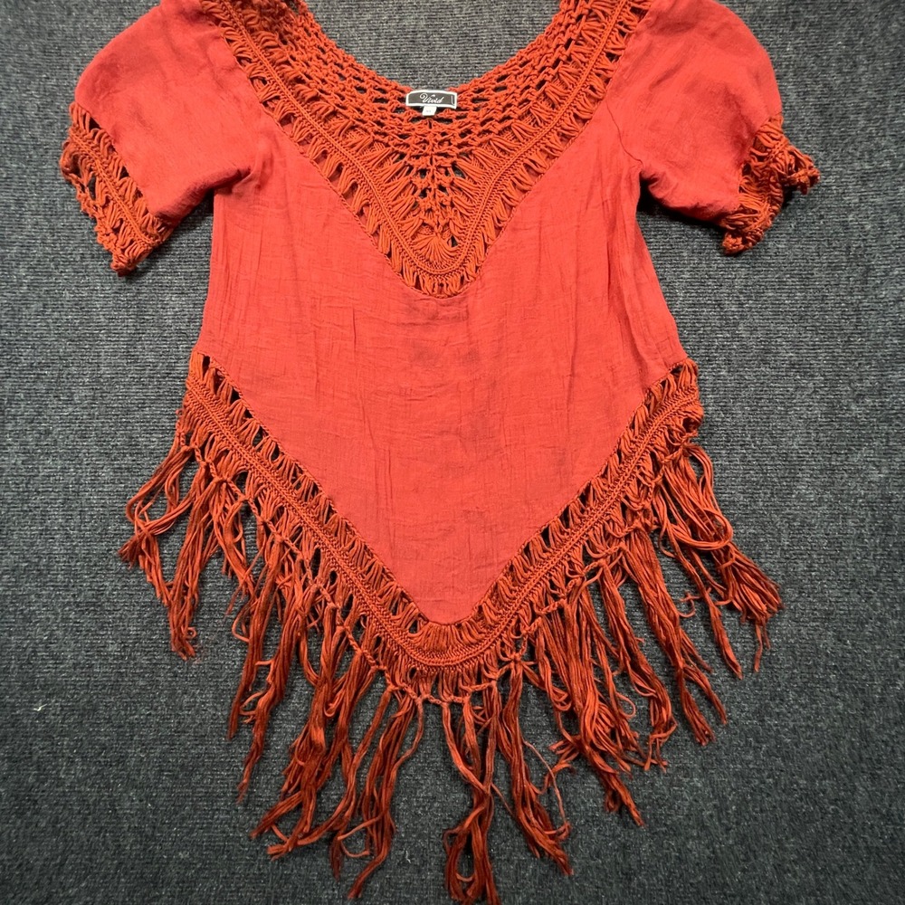 Vivid Women XL Rust Orange Crochet Fringe Boho Festival Top Tassel 70s Western